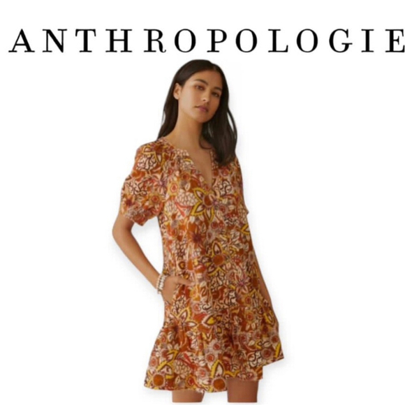 Pilcro Anthropologie warm brown yellow batik shirt sleeve NEW ALine dress Medium - Picture 1 of 11